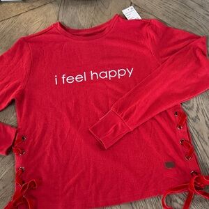 NWT Live in Ove by Peace Love World Red "i feel happy" Lace-Up top size small
